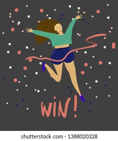 Girl crossing finishing line . Happy woman winning race and coming first to finish red ribbon . Confetti background . Vector flat illustration