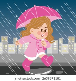Girl crossing a puddle in the road with an umbrella in the rain