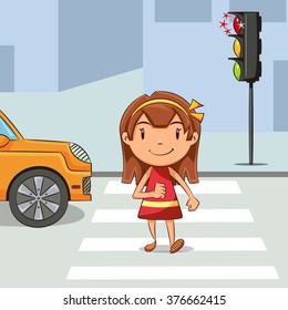 Girl crossing street, vector illustration