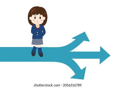 Girl At A Crossroads Of Life. High School Student. Vector Illustration. 