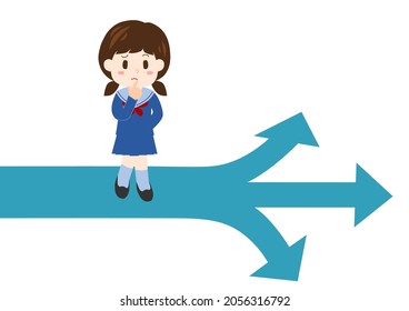 Girl at a crossroads of life. Junior high school student. Vector illustration. 