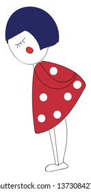 A girl crouching and looking down with blue hair red dress and having her eye closed vector color drawing or illustration 