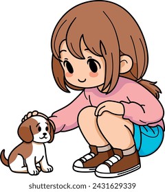 a girl crouching and stroking a small puppy with her hand
