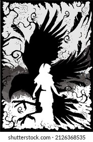 Girl and Crow Silhouette vector Illustration suitable for Prints, Poster, Book Cover 