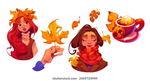 Girl with a crown of autumn leaves. A hand holding an autumn leaf. A girl with a striped red scarf on which autumn leaves are falling. A cup of tea with lemon and cookies near an autumn leaf