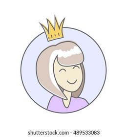 Girl in crown avatar userpic isolated on white background. Office star. Best worker of the week month year. Leader in the office work. Person with the crown. Queen of the office. Vector illustration