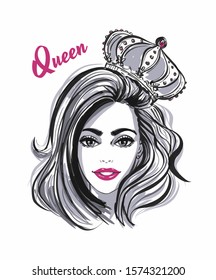 girl in a crown with her hair down, fashion illustration
