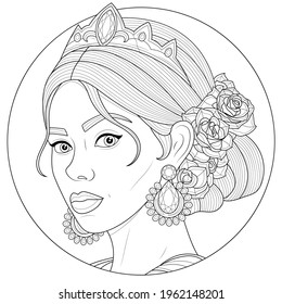 Girl with a crown and roses in her hair.Coloring book antistress for children and adults. Illustration isolated on white background.Zen-tangle style. Hand draw