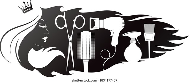 Girl with crown scissors and comb symbol for beauty salon	