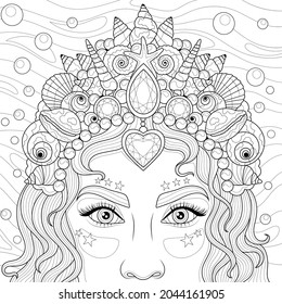 Girl with a crown with seashells. Mermaid. Coloring book antis tress for children and adults. Illustration isolated on white background. Zen-tangle style. Hand draw