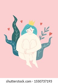 Girl with crown sitting in flowers. Self care concept, feminism, natural, organic. Printable.