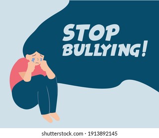 Girl crying because of anxiety or panic attack. Stop bullying women card. Depressed young female flat character. Abuse children concept. children with mental disorder problem. Vector illustration.