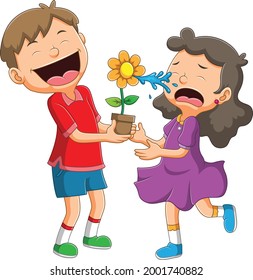 The girl is crying because of the boy prank with flower spouts water of illustration