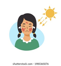 Girl is crying because of  sunburn on her face. Sad child with skin damage.