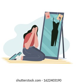 Girl crying in front of the mirror. Rejecting Yourself, Judging Yourself, Mental Disorder and Emotional Problems concept. Flat cartoon vector illustration.