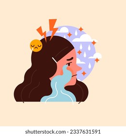 Girl crying, heavy emotional state, mental health vector illustration.