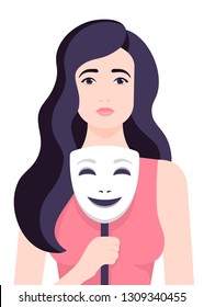 The girl is crying and holding a smiling mask. Depression and melancholy. Vector flat illustration