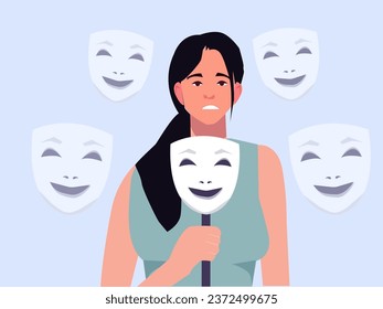 The girl is crying and holding a smiling mask. Depression and melancholy. Vector flat illustration