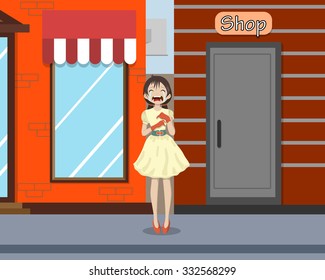 The girl was crying near the shop because it has lagged behind in the city from parents and lost in the crowd. Vector illustration
