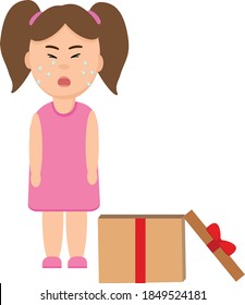 girl crying and opened box with ribbon. the child does not like the gift. vector flat. banner. ruined the holiday