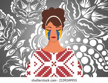 The girl is crying in the stream. Pray for Ukraine. Stop war. Flat style.
