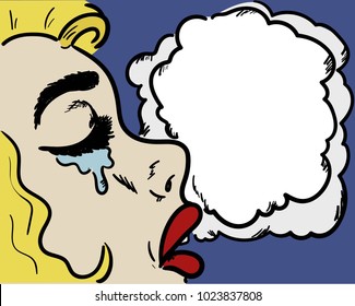 The girl is crying. Tears on the cheek. Red lips. Pop art woman. The face of a girl. Cloud for your text. Place for text. Colorful background. Beautiful girl. Blonde on a blue background