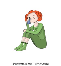 The girl is crying. Vector color illustration.