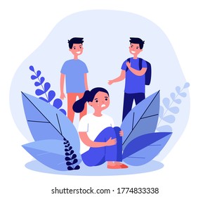 Girl crying when two boys laughing. Abuse, insulting, tear flat vector illustration. Communication and social problem concept for banner, website design or landing web page
