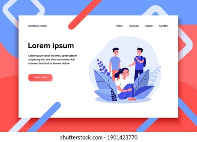 Girl crying when two boys laughing. Abuse, insulting, tear flat vector illustration. Communication and social problem concept for banner, website design or landing web page