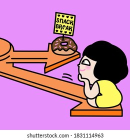 Girl With Cunning Face Is Sitting On A Clock Hand While Waiting For A Break Time Snack Concept Card Character illustration