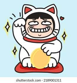 Girl With Cunning Smile In A Japanese Lucky Cat Mascot Holding A Gold Coin Concept Card Character illustration