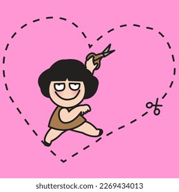 Girl With Cunning Smile Is Ready To Cut Out Dotted Coupon Heart Shape Symbol Of Love And Passion With Scissors Concept Card Character illustration