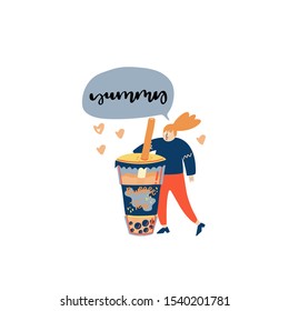 Girl and cup with Boba Bubble milk tea in cup with straw vector illustration. Hand drawn lettering - yummy. Can be used for greeting cards, posters, party invitations or menu. 