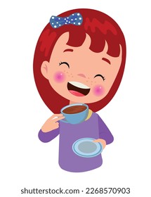 A girl with a cup of coffee and a bow on her head is holding a cup of coffee.