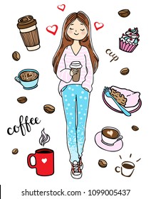 Girl with a cup of coffee. Coffee to go. Vector illustration in hand-drawn style