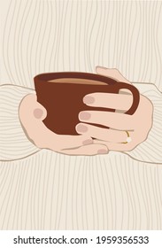 Girl with a cup of coffee in the hand. Woman in beige sweater with a holding a mug.