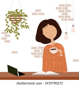 A girl with a cup of coffee in her hand with a smile on her face. Interior. The concept of home, good morning, pastime, hobby, hobby, blogger. Vector illustration, cartoon style.