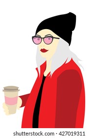 Girl with a cup of coffee or hot chocolate in red coat. Pink glasses