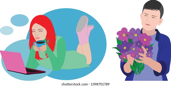 Girl with a cup of coffee and a laptop, boy with a bouquet of flowers
