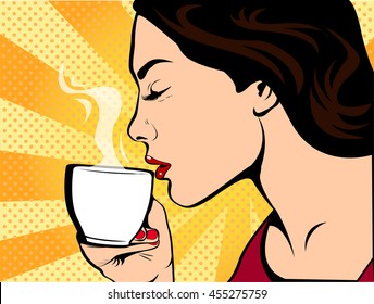 Girl with Cup of coffee pop art retro style. Restaurants and coffee shops. A hot beverage. Courage love and care.