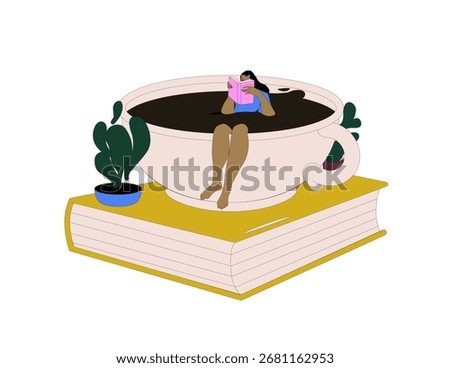 Girl in a cup of coffee reading a book. Books and coffee.