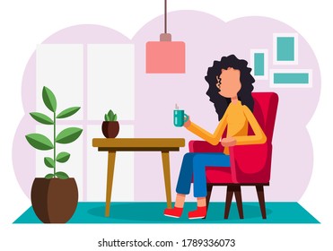 Girl with cup of coffee is sitting at table, drinking coffee, eating breakfast, at home or at food restaurant