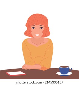 Girl with a cup of coffee or tea. Smile and good mood. Vector illustration,isolated background