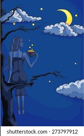 girl with a cup of coffee under the moon