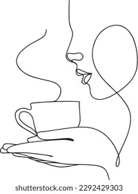 Girl with a cup of coffee - vector illustration (sketch), one-line silhouette without background (clipart). The emotion of love for a delicious drink, feeling the aroma of fresh coffee and enjoying it