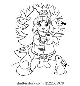 Girl with a cup of coffee in the winter forest with a fox and a bunny. Coloring.
