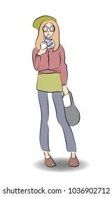 A girl with a cup of drink and a bag. Street fashion, vector illustration.