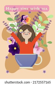 girl in a cup of flowers. a smiling girl soaking in a tea cup, with flowers all around. best for illustrating break time, my time. leisure enjoyment symbol, tea time, break, enjoying tea.