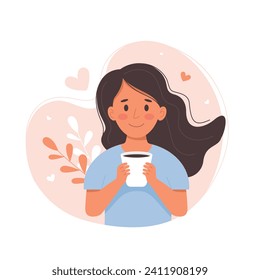 Girl with a cup. Happy girl holding a cup of coffee, cappuccino or tea. Flat cartoon vector illustration isolated on white background.