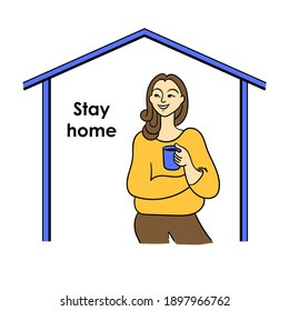 girl with a cup in her hands, vector character with a drink in her hands standing in a relaxed state and smiling in a house under a roof, stay at home illustration